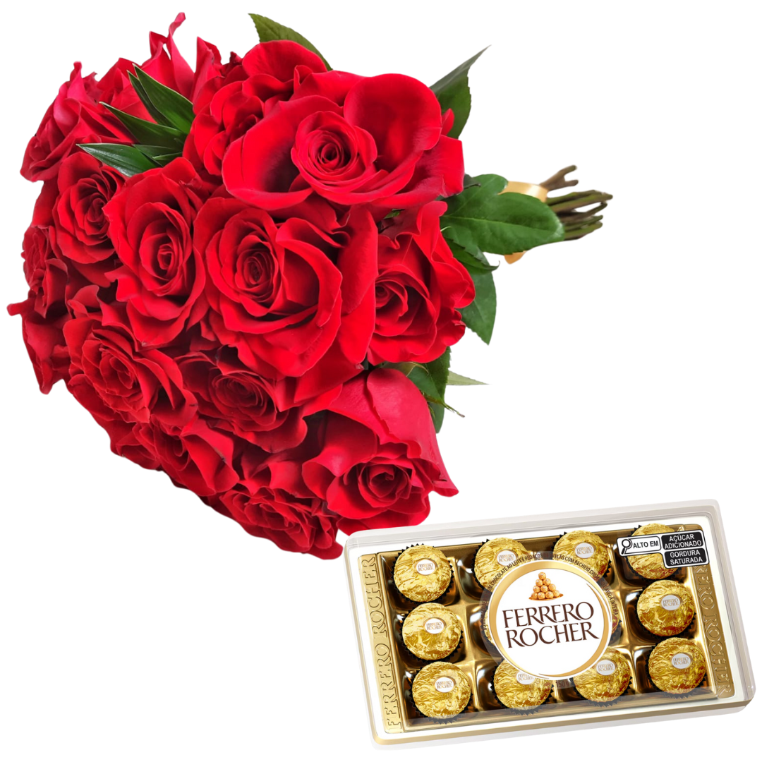 Buqu Encanto com 24 rosas e Ferrero Rocher 150g