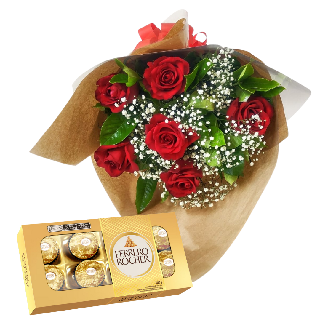 Buqu com 6 rosas e Ferrero Rocher 100g