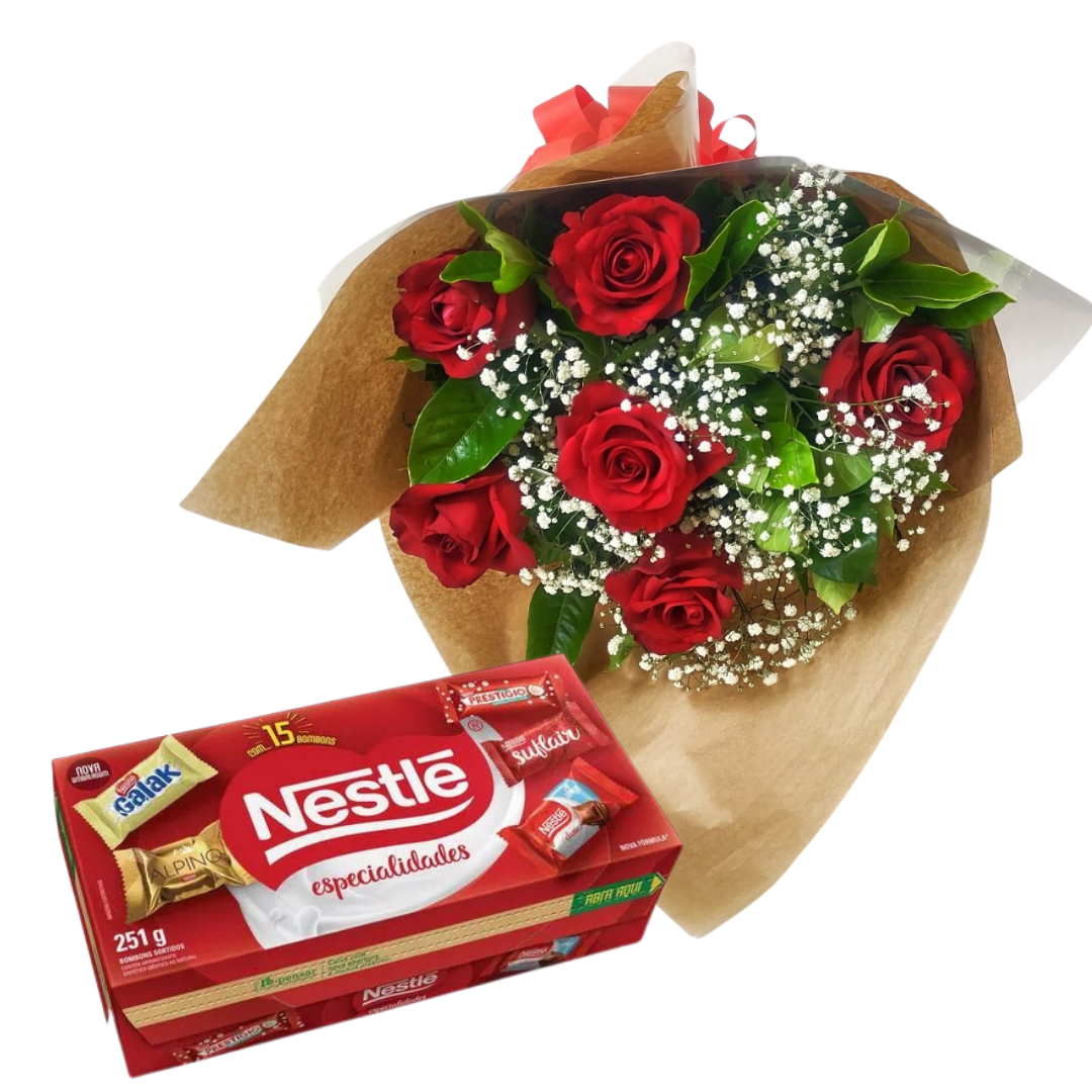 Buqu com 6 rosas vermelhas e Bombons Nestl 251g