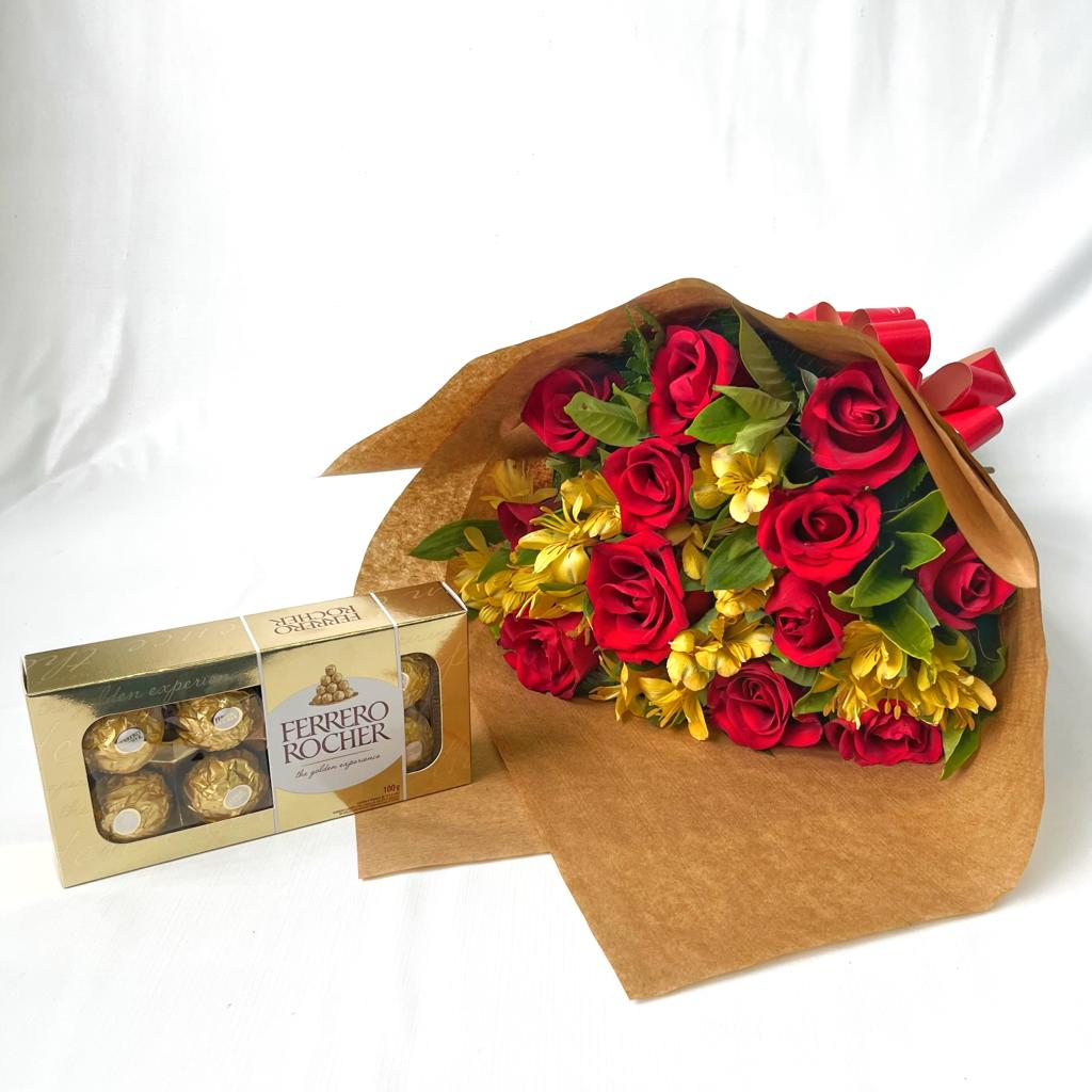 Buqu com 12 rosas e Ferrero Rocher 100g