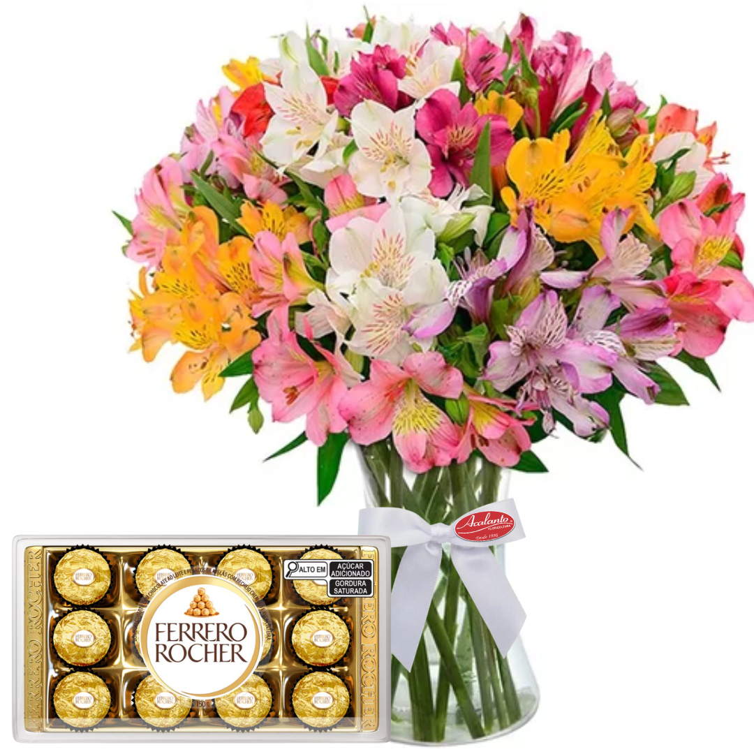 Belas Alstromerias Coloridas em Vaso de Vidro e Ferrero Rocher 150g