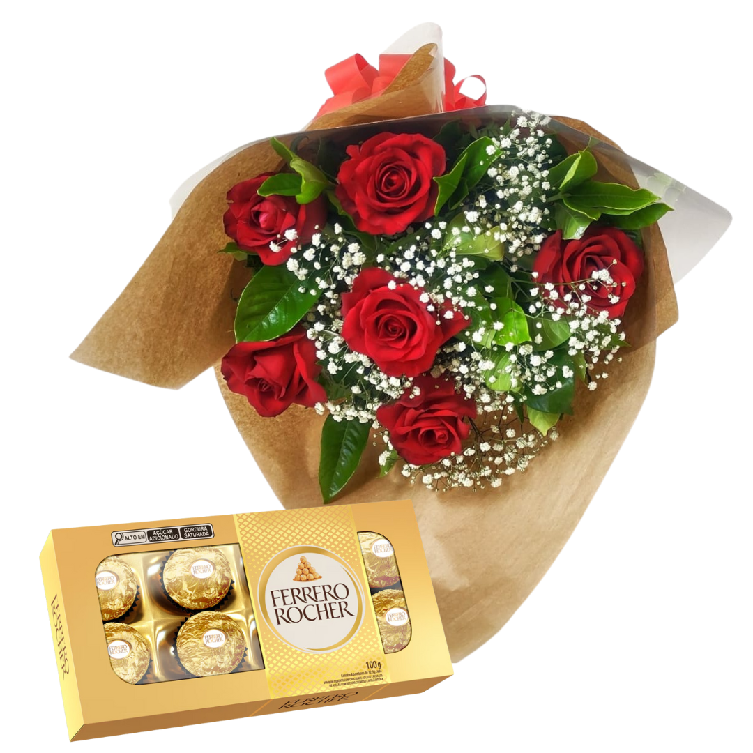 Buqu� com 6 Rosas Importadas com Ferrero Rocher 100g