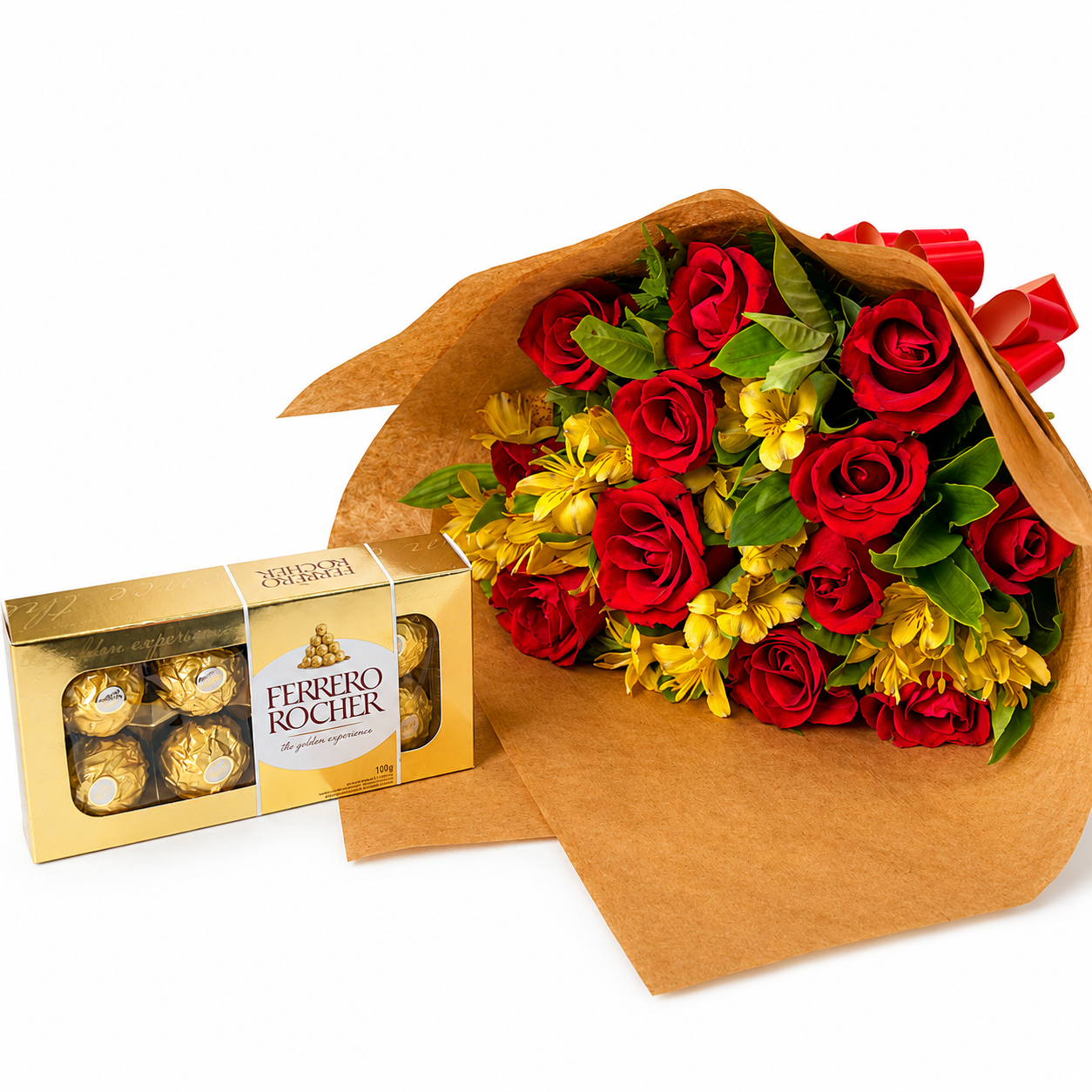 Buqu� com 12 rosas e Ferrero Rocher 100g